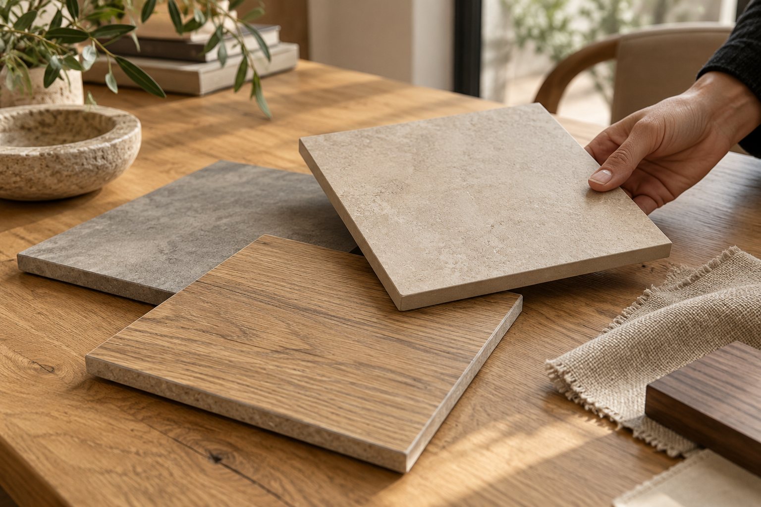 Muestras de pisos símil madera, símil piedra y gris comparadas sobre una mesa con luz natural