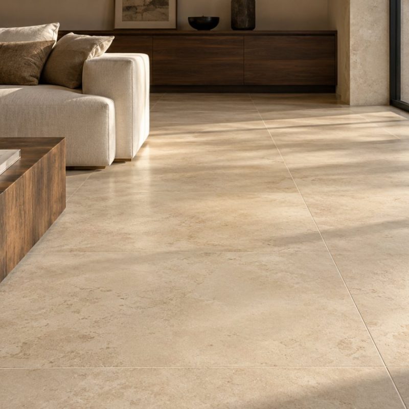 Living con piso de porcelanato beige en formato grande, sofá claro y mesa de madera